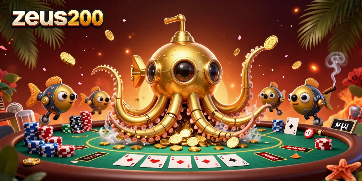 Menangkan permainan poker dengan zeus200 di meja berlapis hijau yang dikelilingi koin emas.