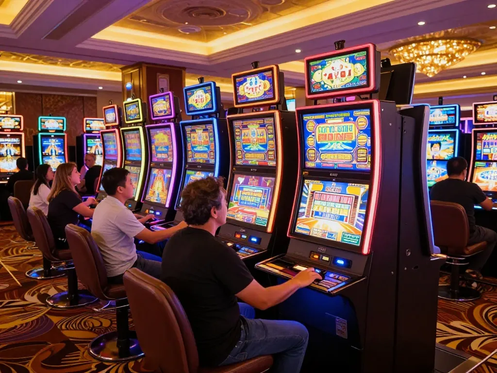 VA88 players engaging with colorful slot machines, celebrating wins in a vibrant casino atmosphere