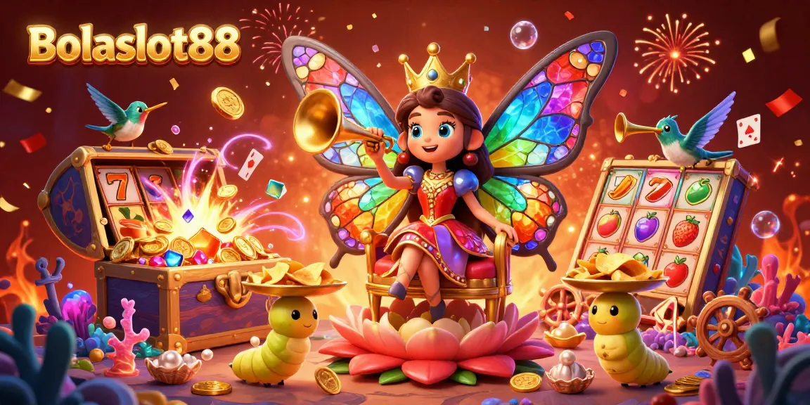 Bolaslot88 features a vibrant scene with a butterfly queen and slot elements bursting with energy and excitement.