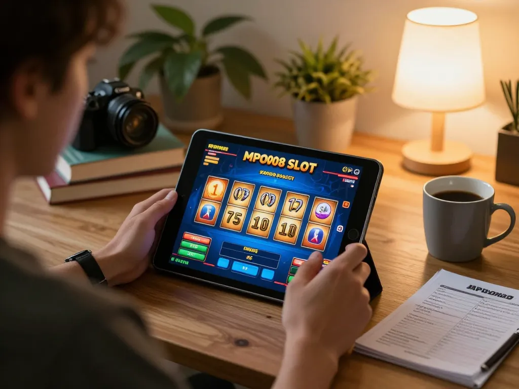 Engaging with MPO08 SLOT on a tablet in a cozy home setting, showcasing responsible gaming.