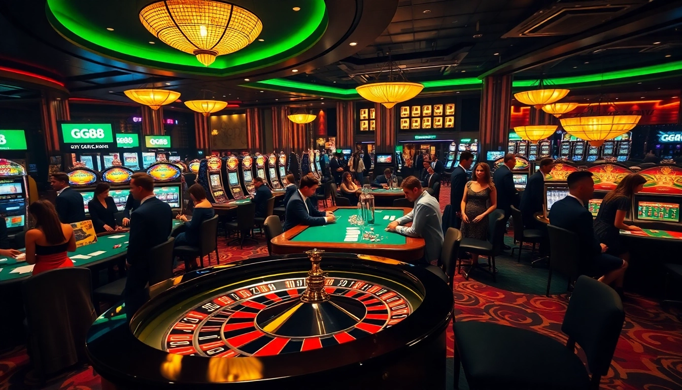 Experience excitement at gg88.archi with vibrant casino tables and slot machines in action.