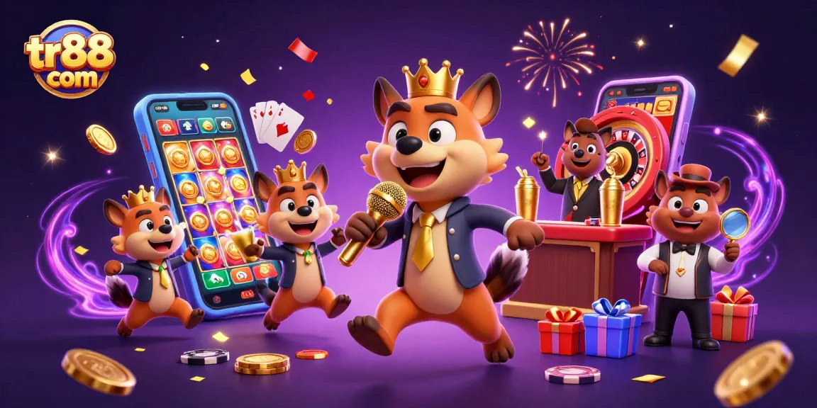 Experience lively gaming at tr88 com with animated hyenas in a casino setting featuring drinks, comedy, and games.