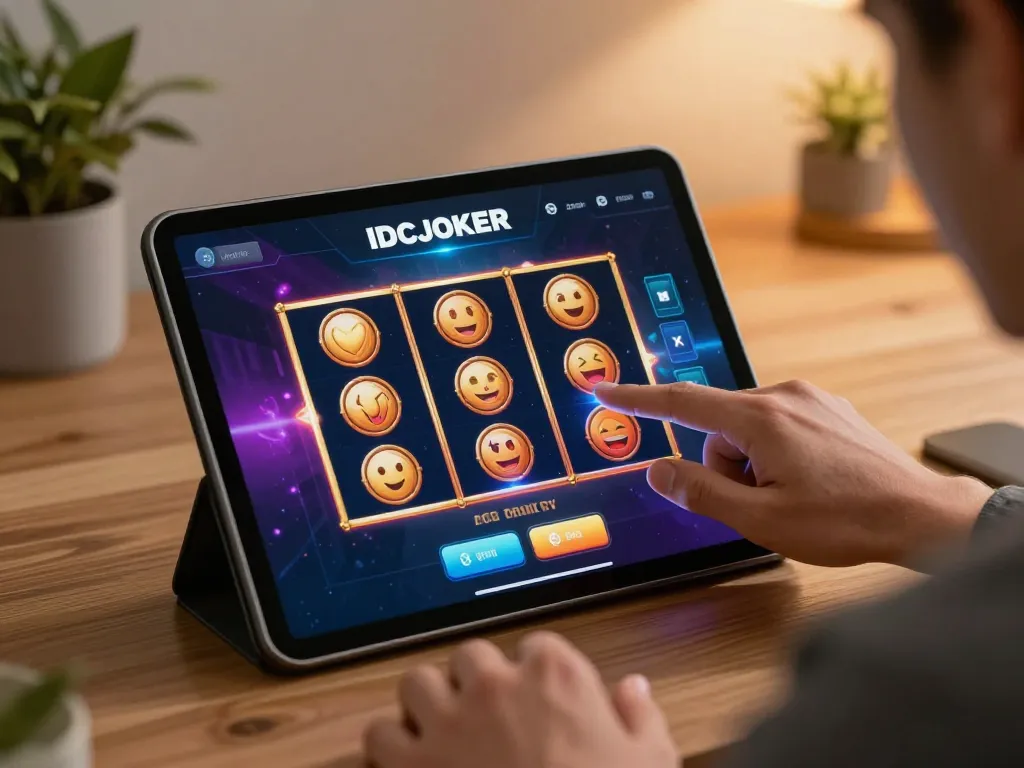 Player engaging with IDCJOKER's vibrant slot machine on tablet, capturing gaming excitement.