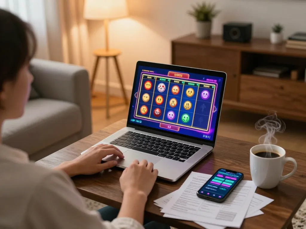 Engaging session on situs slot gacor featuring a player interacting with colorful online slot machine interface.