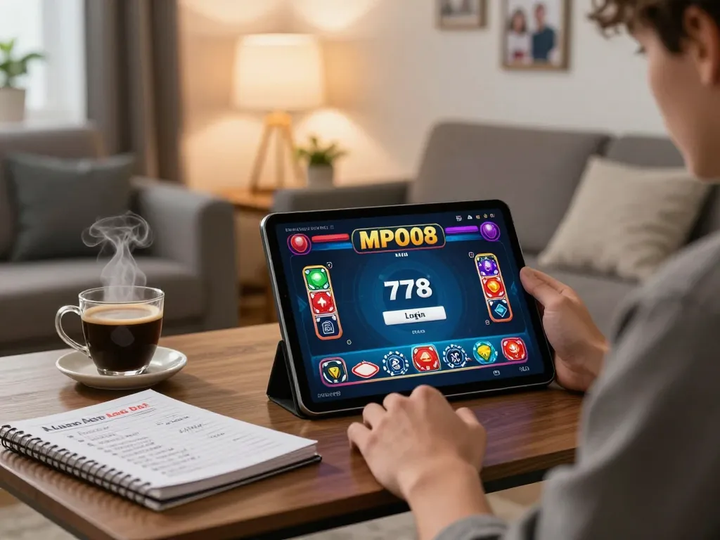 MPO08 Login 778 gameplay on tablet in a cozy home setting, showcasing vibrant poker graphics and a personal space.