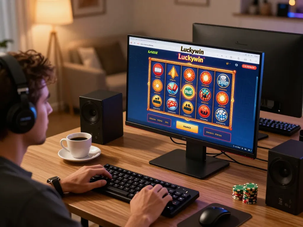 Player engaging with slot games on the Luckywinz platform from a cozy home gaming setup.