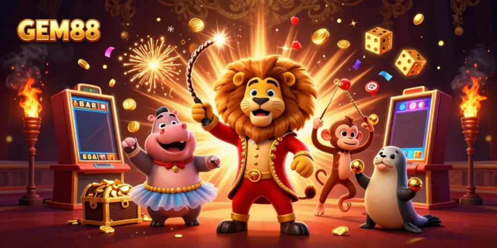 Experience thrilling jackpots at GEM88 with vibrant characters and dynamic casino elements.