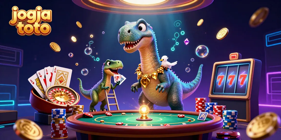 Engage in the fun of jogja toto with a vibrant 3D illustration showcasing a brontosaurus and raptor in a lively casino.