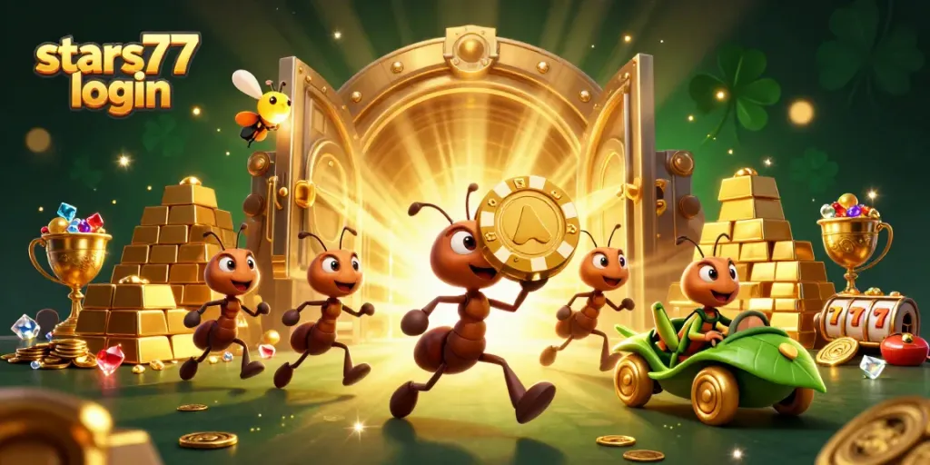 Mengakses permainan menarik di stars77 login dengan karakter kartun 3D semut membawa chip poker emas.