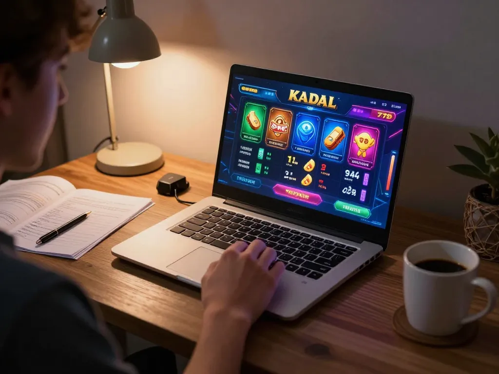 KADAL 778 player engaging with online casino games on laptop, showcasing a strategic gaming setup.