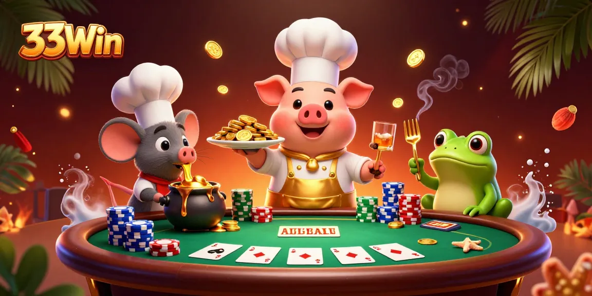 Engage in 33Win casino excitement with a 3D chef pig serving gold coins amidst a poker scene.