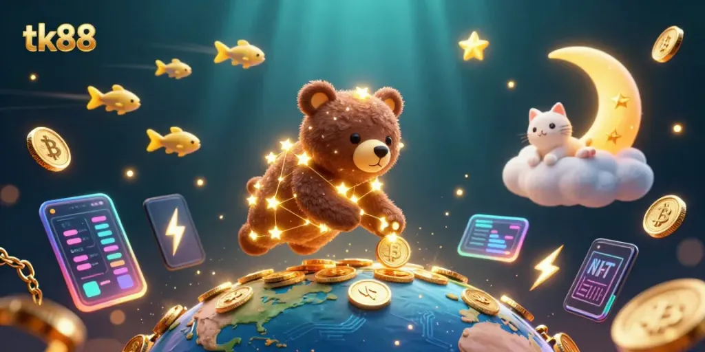Experience the excitement of tk88 gaming with an engaging 3D digital illustration featuring magical characters and vibrant coins.