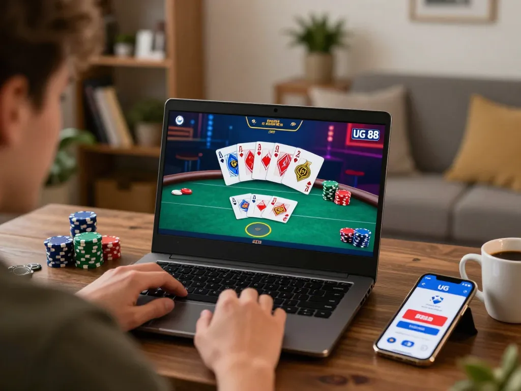 Player enjoying poker on a laptop with UG 88 app visible, capturing the essence of online gaming.