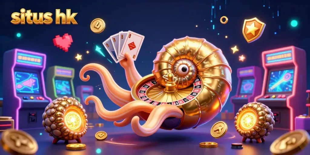 Menangkan situs hk dengan ilustrasi 3D yang menunjukkan nautilus raksasa dan mesin permainan kasino.