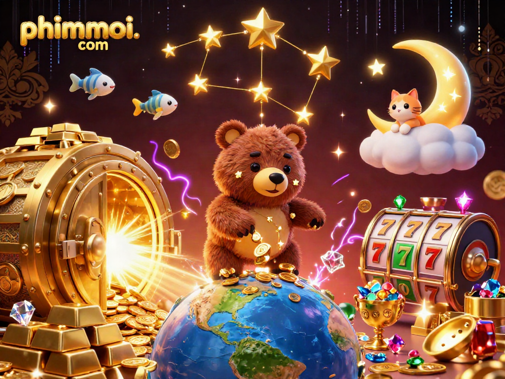 Experience the thrill of phimmoi. com with this vibrant 3D illustration showcasing casino elements and magical characters.