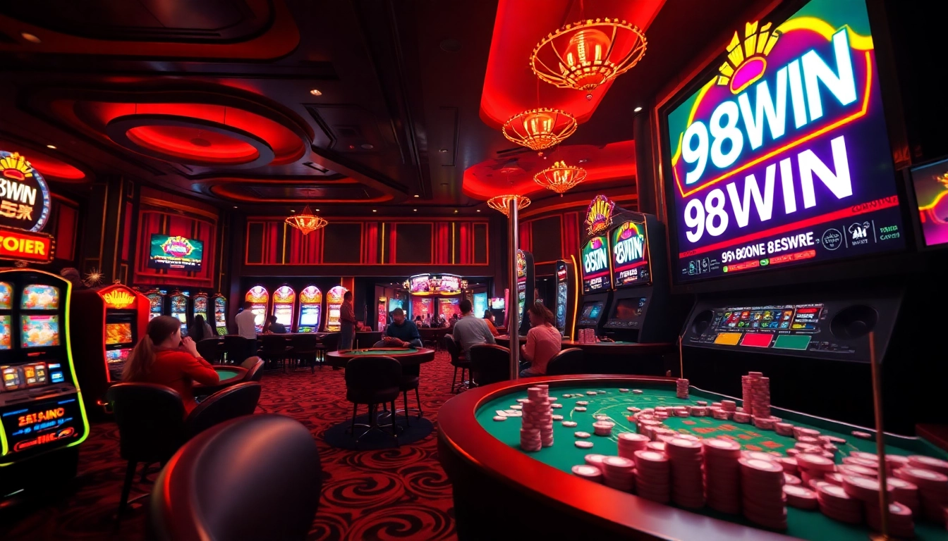 Exciting casino scene featuring vibrant gaming action at 98WIN with energetic players and luxurious atmosphere.