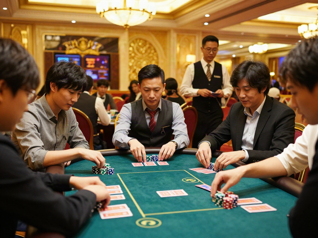 A vibrant togel gaming scene showcasing players engaged in a thrilling experience at a Macau casino, reflecting excitement and strategy.
