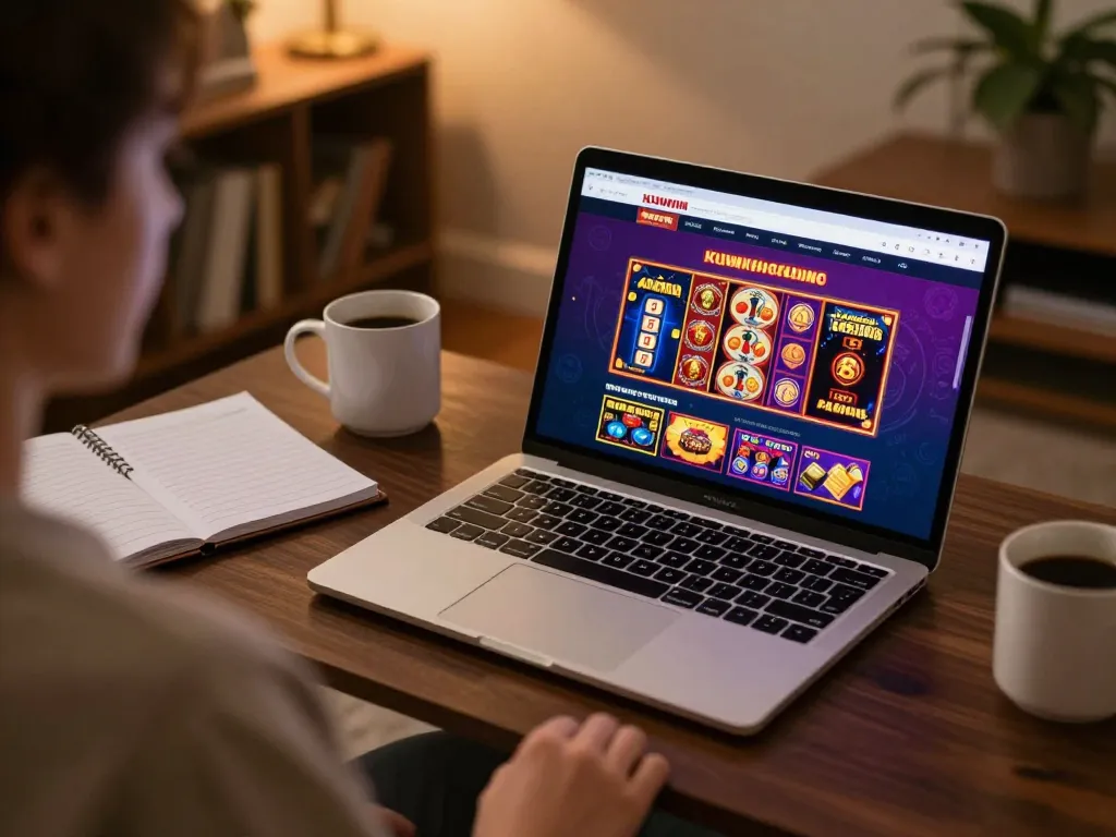 Kuwin player engaging with exciting online gaming interface during a relaxing home session