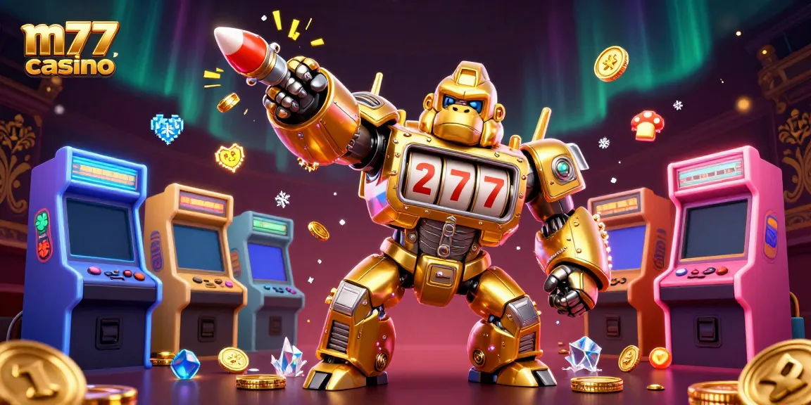 Transformer 3D gorila dengan elemen slot dan logo m77casino, menggambarkan dunia kasino interaktif.