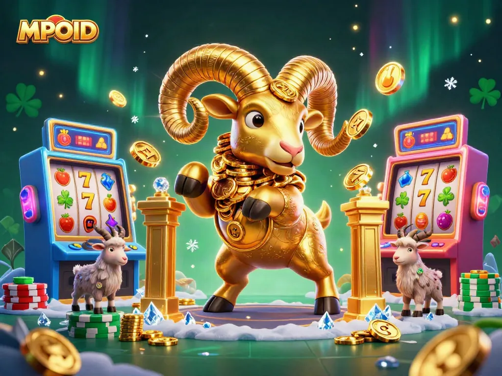 MPOID showcases a dynamic 3D casino scene featuring a golden ram charging through a golden gate surrounded by slot machines.