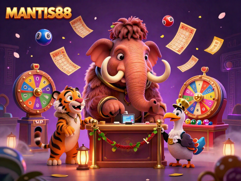 MANTIS88 welcomes players with a dynamic casino scene featuring a woolly mammoth bouncer and colorful lottery elements.