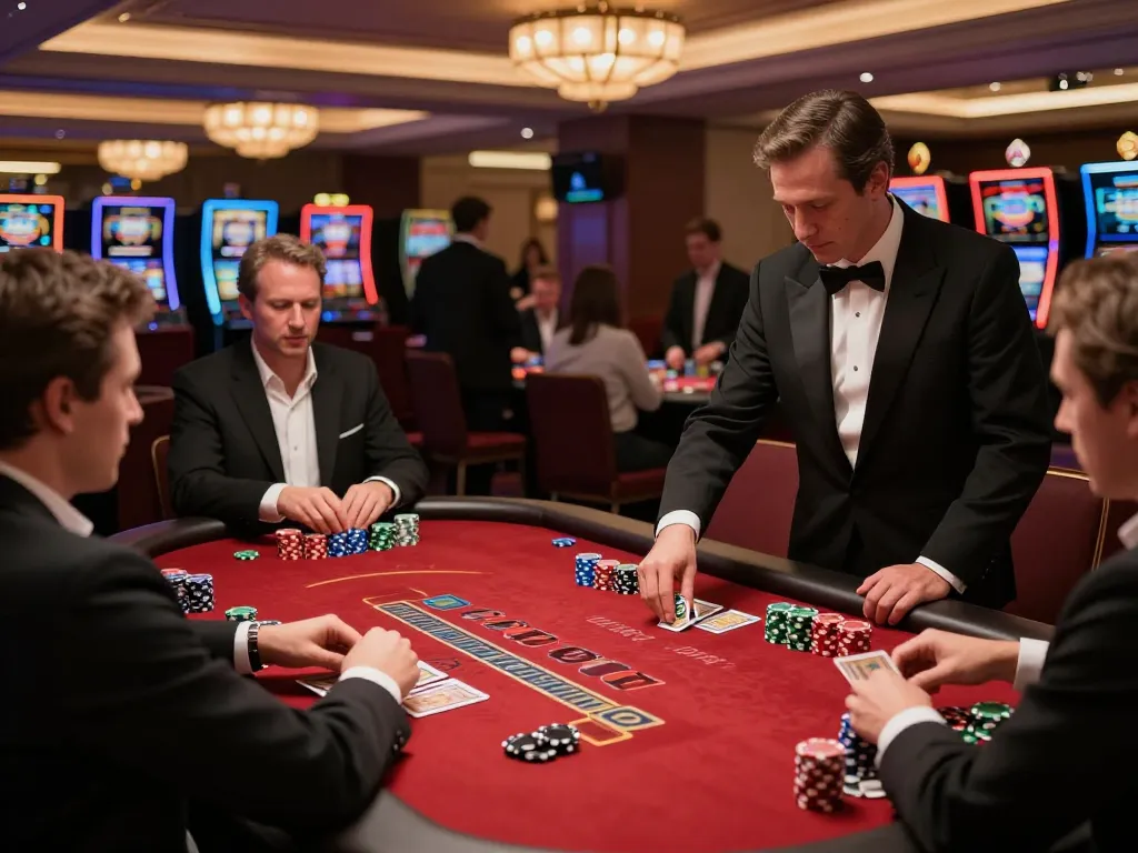 Engaged players strategizing at 789bet's elegant blackjack table in a lively casino setting.