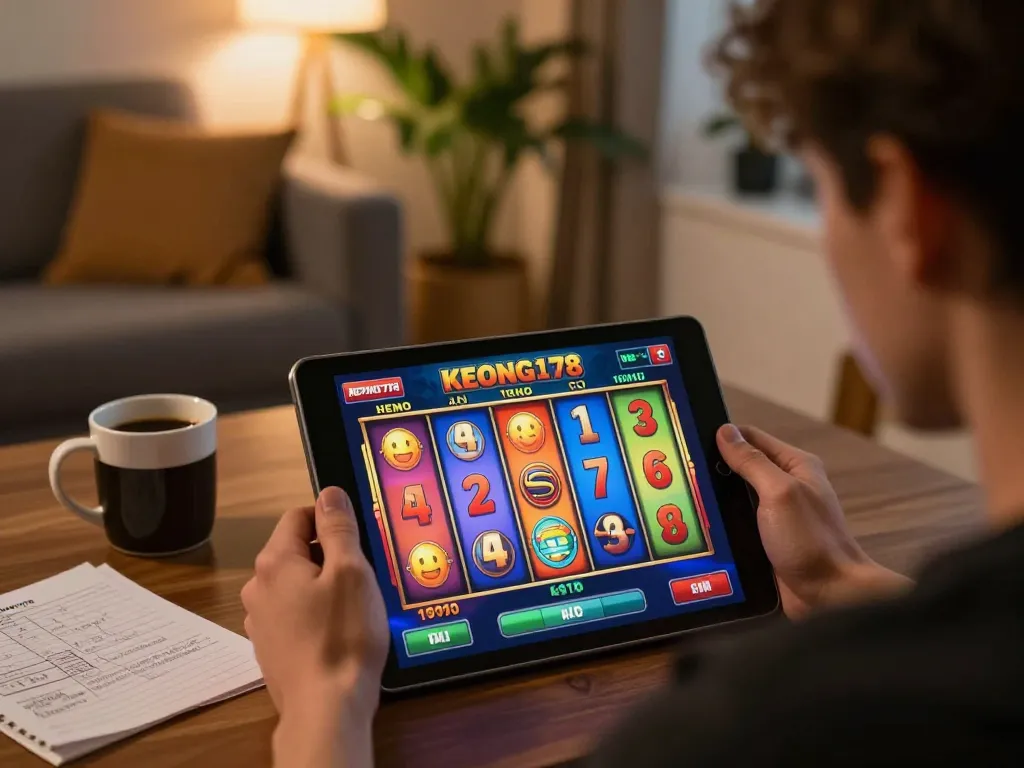 Engaging with KEONG178 demo slot game on tablet in a cozy home setting