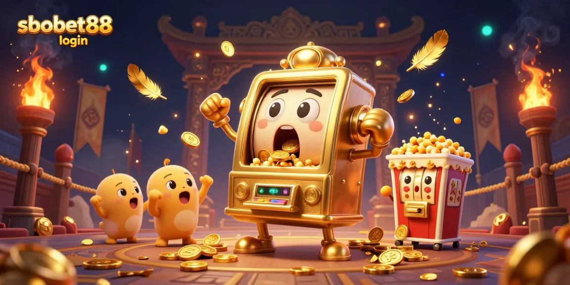 Experience sbobet88 login with the thrilling golden slot machine jackpot scene bursting with coins and cheer.