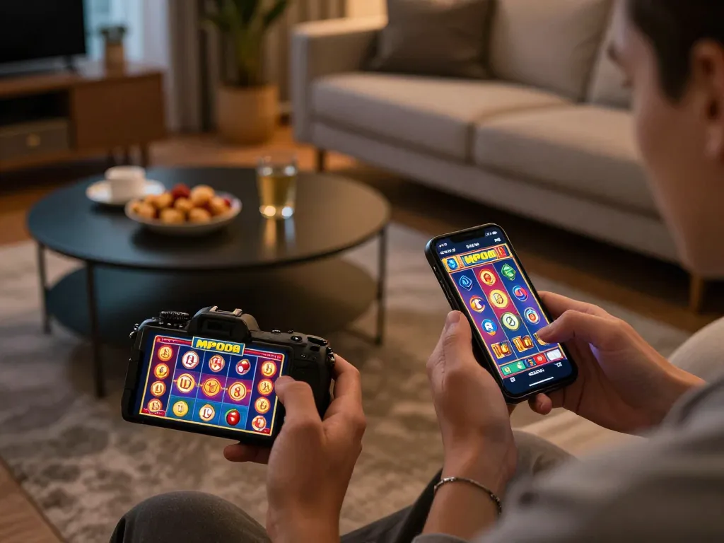 MPO08 mobile gaming experience showcases exciting slot win on smartphone, set in a cozy home environment.