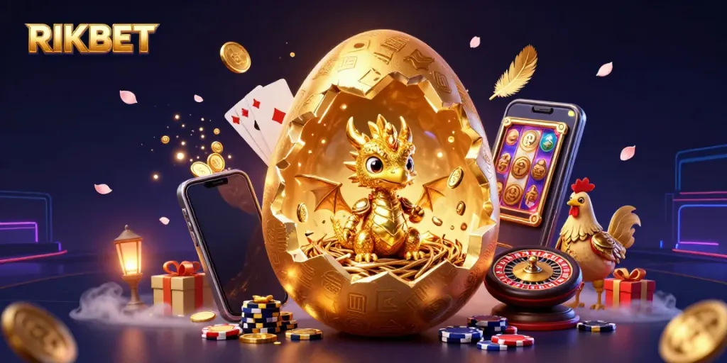 Play exciting slot games at RIKBET, featuring a golden dragon and poker chips in a vibrant illustration.