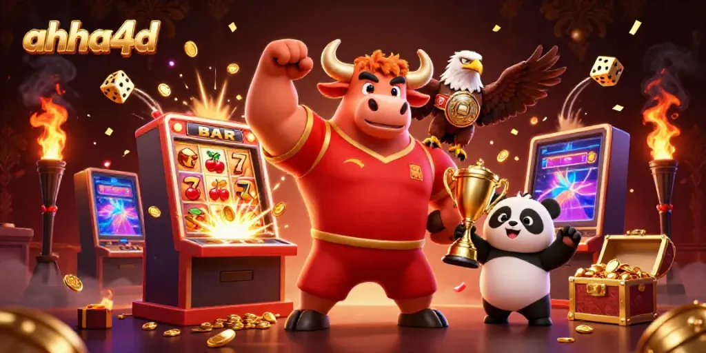 Permainan slot online AHHA4D menampilkan kekuatan pemenang dengan mesin slot dan karakter pemenang.