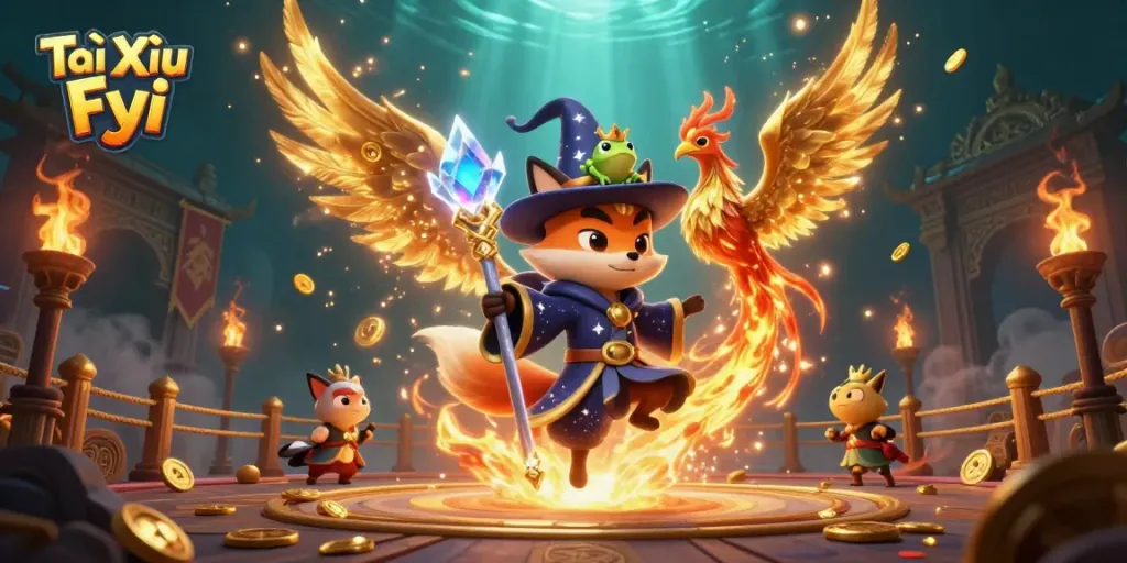 Tài Xỉu Fyi captures an intense scene with a wizard fox, phoenix, and enchanting betting tokens.