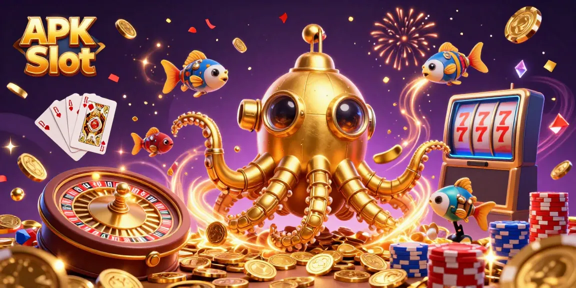 Play thrilling APK Slot games with a golden kraken submarine and dynamic casino elements.