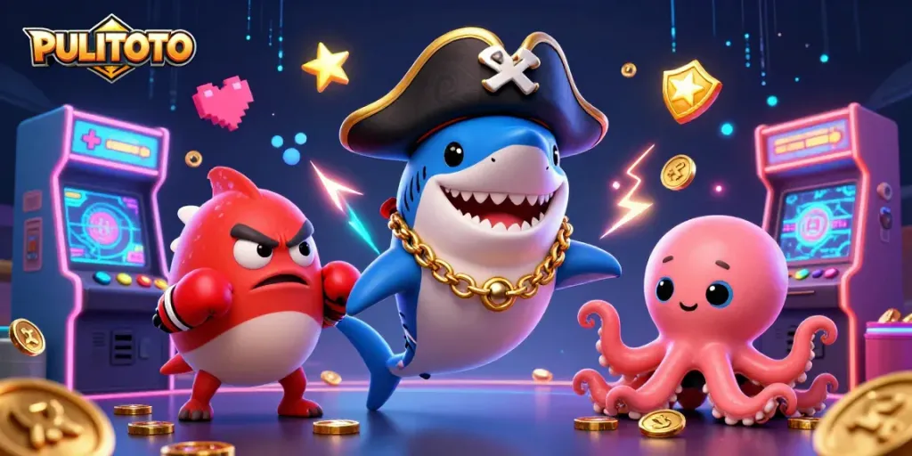 PULITOTO's vibrant scene showcasing a cartoon shark, pufferfish, and octopus celebrating casino wins.