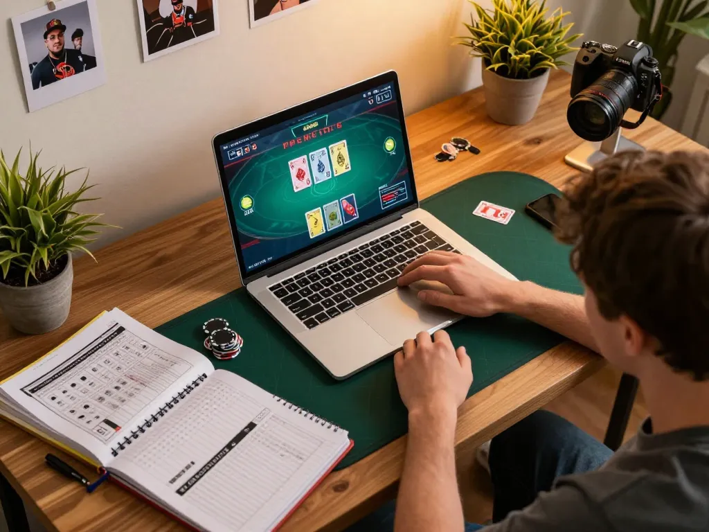 Engaging scene of LGOLUX LOGIN on a laptop with poker cards and strategy notes.