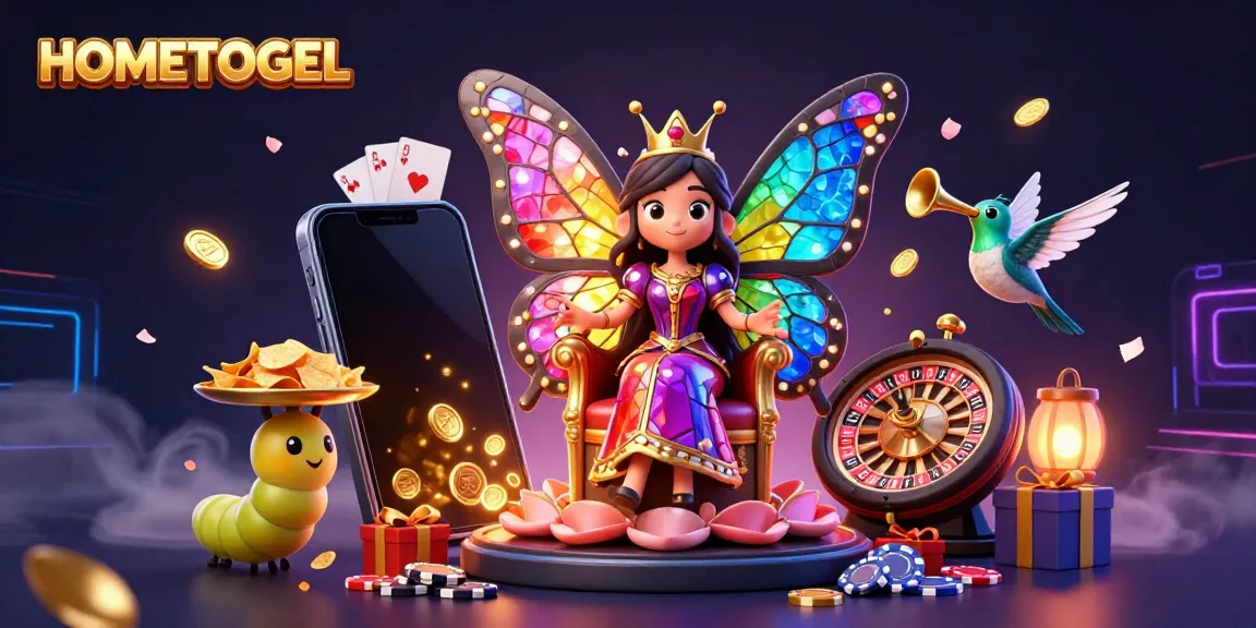 Experience the magic of HOMETOGEL as a butterfly queen rules over vibrant gaming riches, surrounded by slots and treasures.
