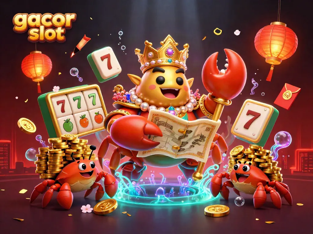 Engage with gacor slot gameplay as a golden crab emperor leads a treasure hunt amidst vibrant casino elements.