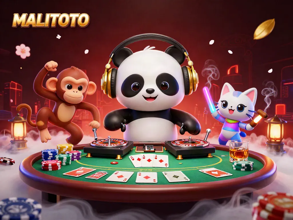 Engage in vibrant MALITOTO gaming with a panda DJ, dancing monkey, and rave kitten, surrounded by poker elements.