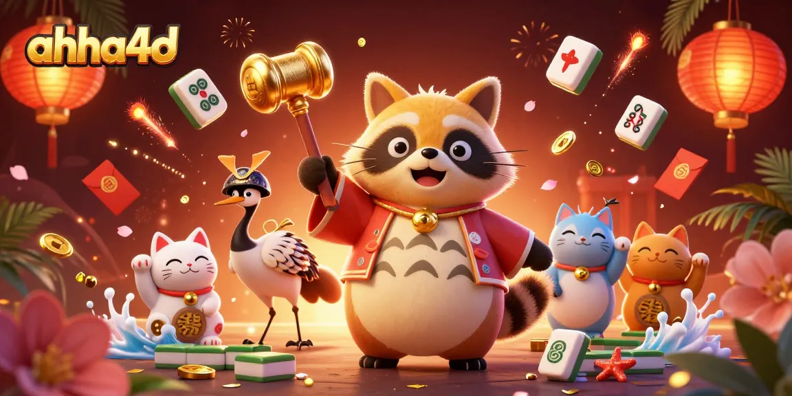 Experience the excitement of winning with ahha4d's vibrant online gaming scene featuring a cheerful raccoon and colorful fortune cats.