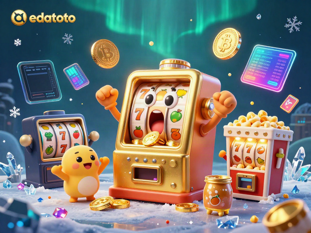 Mesin slot menang jackpot di edatoto, dikelilingi koin Bitcoin dan Ethereum, dan atmosfer kasino yang meriah.