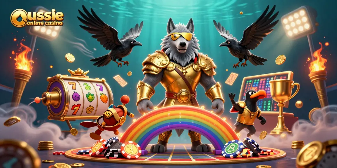Aussie online casino scene featuring Odin wolf with ravens and casino elements, showcasing vibrant gaming atmosphere.