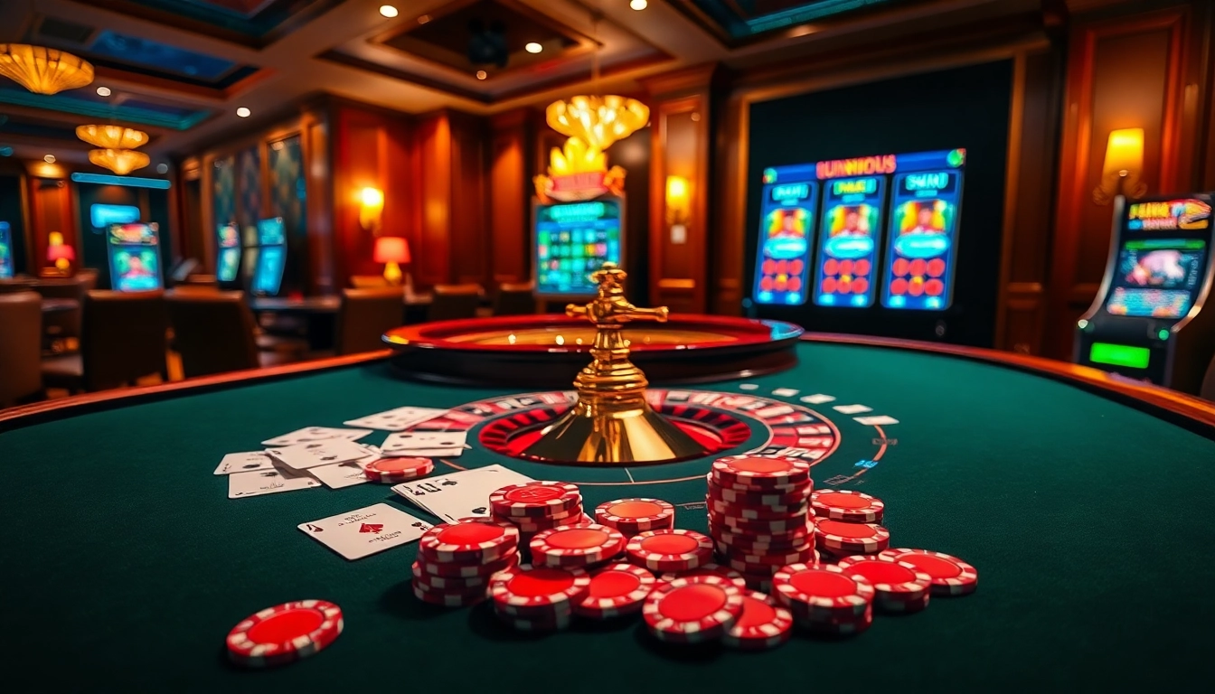 Gamblers enjoying a lively situs 11 slot machine experience in a luxurious casino setting.