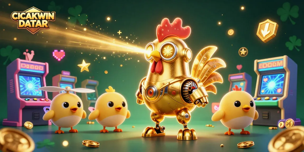 CICAKWIN DATAR showcases exciting gaming action with a golden rooster robot and drones, surrounded by arcade elements.