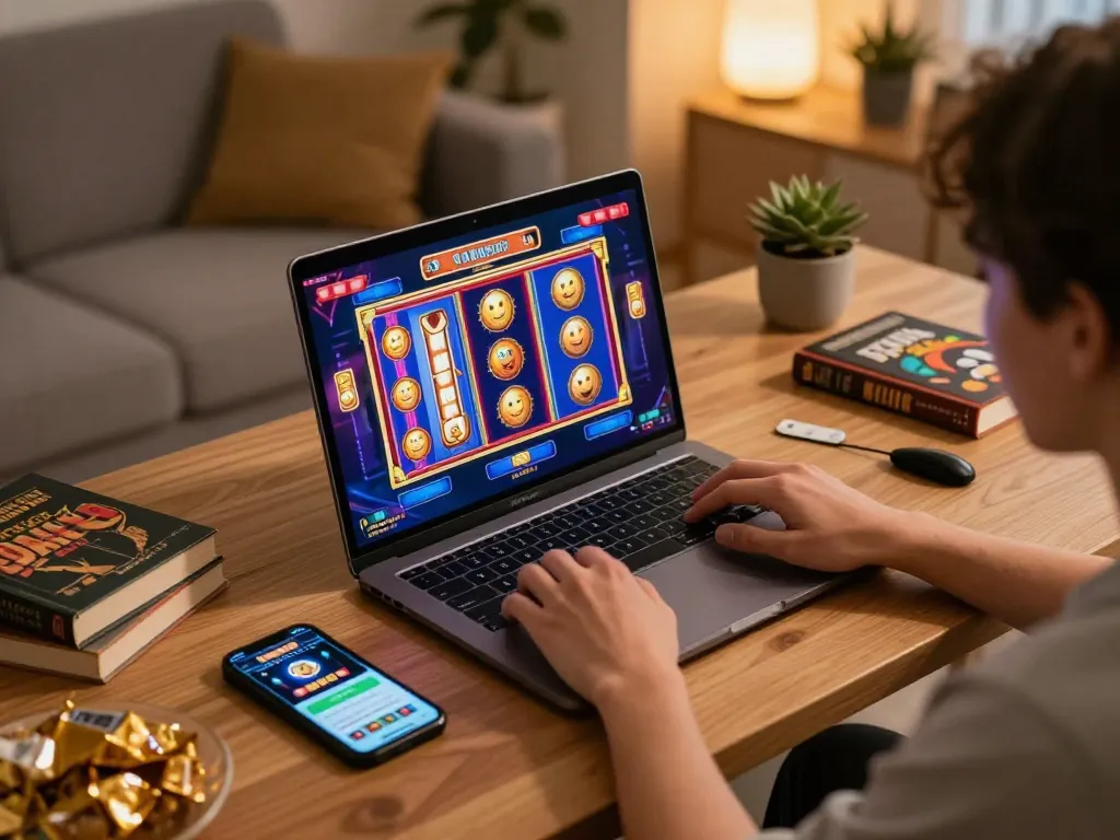 WWBOLA player enjoying an exciting online slot game on laptop with vibrant graphics.