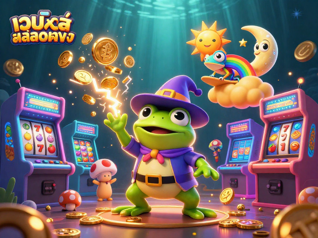 Experience the thrill of เว็บสล็อตตรง with a magical scene featuring golden coins, game elements, and vibrant characters.