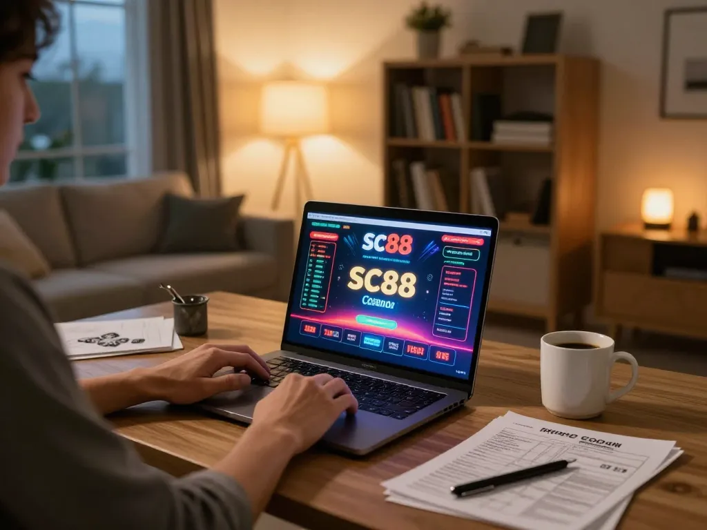Playing online casino games on sc88 platform in a cozy home office setting with vibrant interface