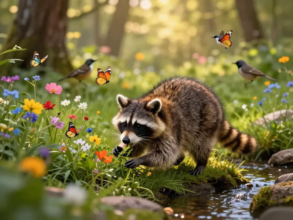 RAKUN77 raccoon exploring vibrant forest full of flowers and greenery in golden hour light.