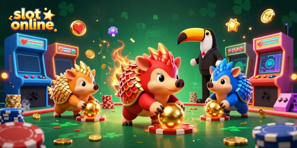 Permainan slot online mendebarkan dengan pangolin bersaing di kasino virtual, berbasis grafik 3D yang memesona.