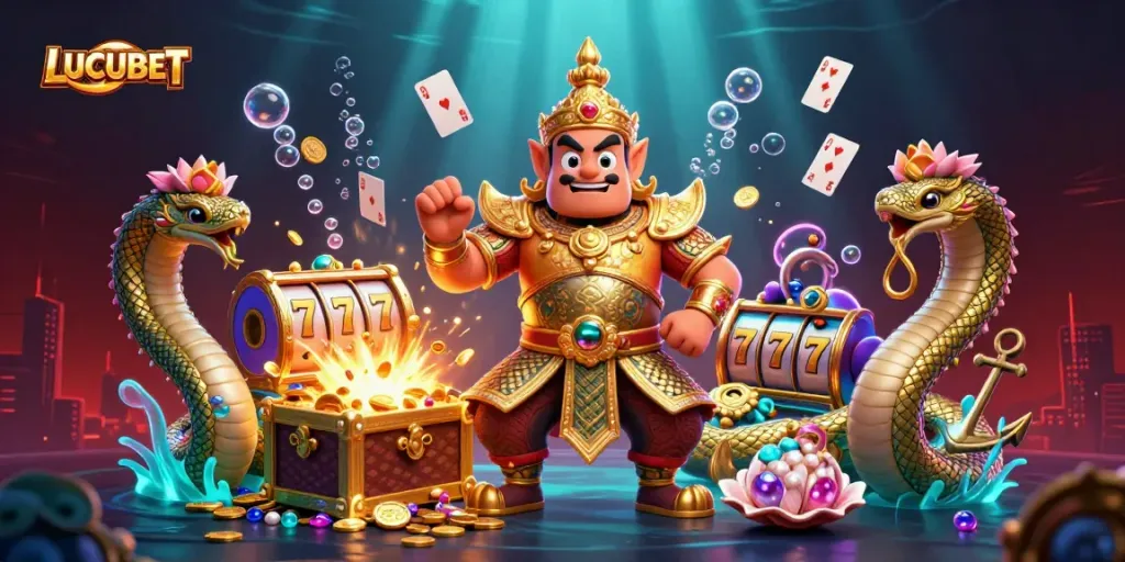 Win big with LUCUBET in an action-packed casino scene, featuring vibrant characters and slot reels.