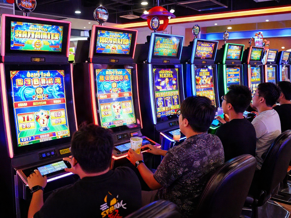 Permainan Slot Gacor yang menyenangkan dengan pemain yang antusias dan mesin slot berwarna-warni